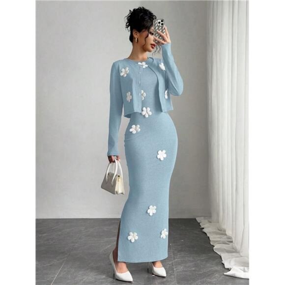 Dresses & Skirts - NEW - Elegant Light Blue Jacket & Dress 2 Pieces Set, Floral 3D Decor